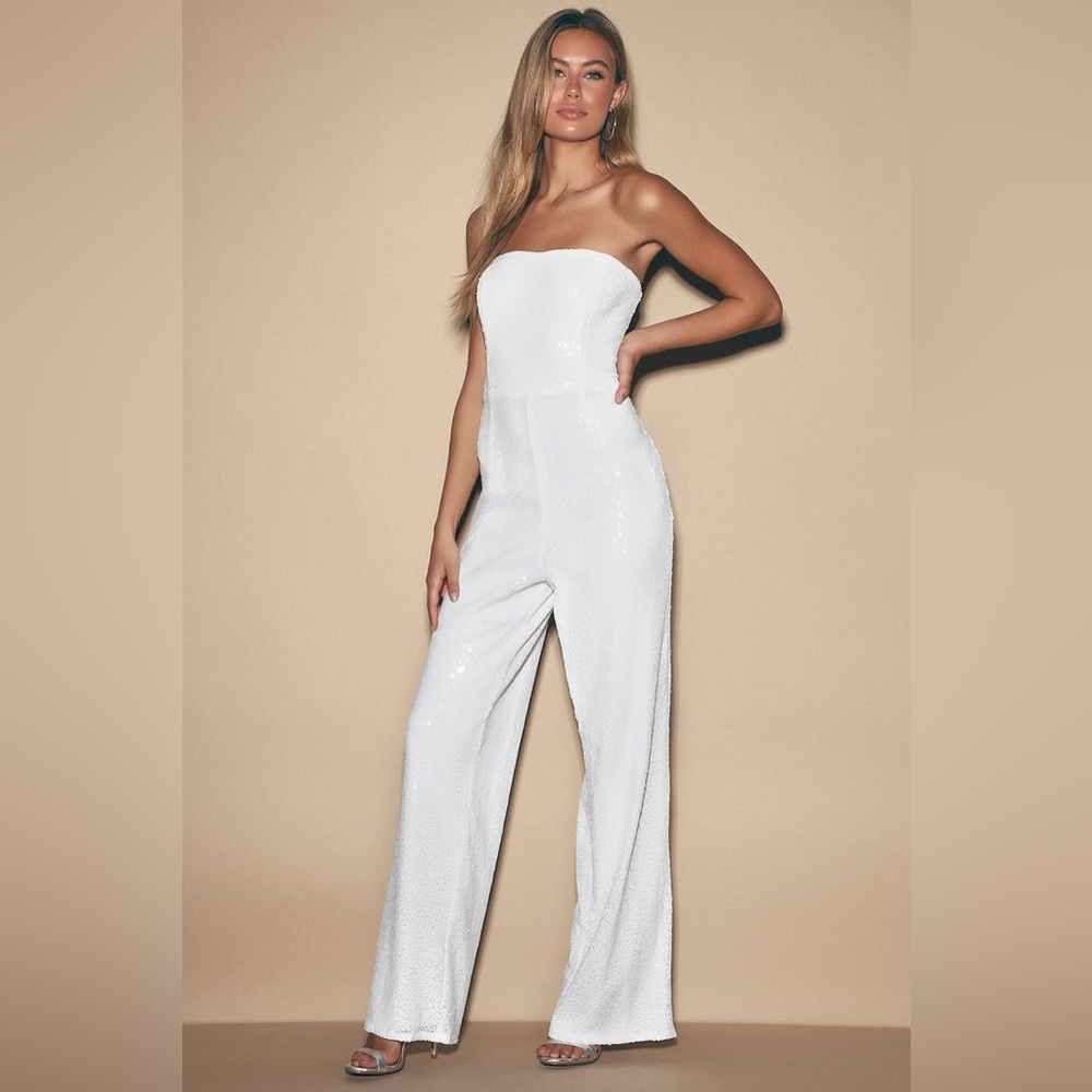 Lulus Like a Diamond White Sequin Strapless Jumpsuit